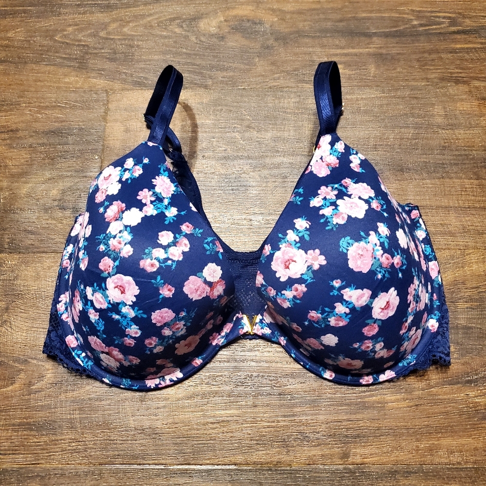 Victoria's Secret 36DDD Uplift Demi Floral Navy Front Clasp Closure Bra